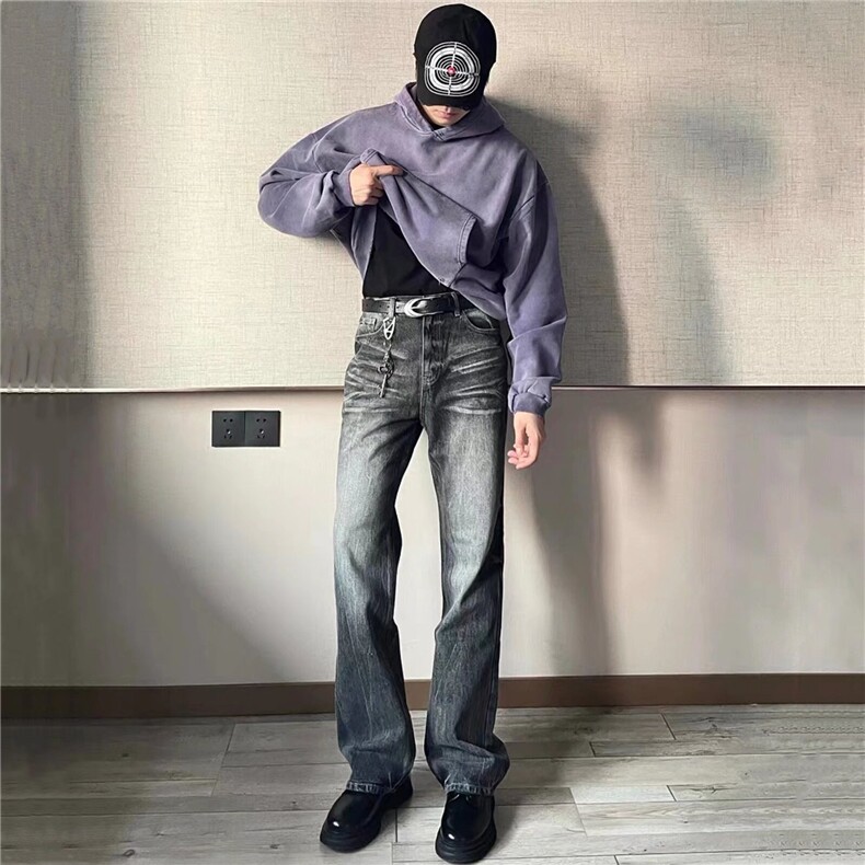 潮美式褶皱烟黑闪电水洗牛仔裤微弹青少年直筒长裤K70836-P45网图，女装牛仔裤，电商B245