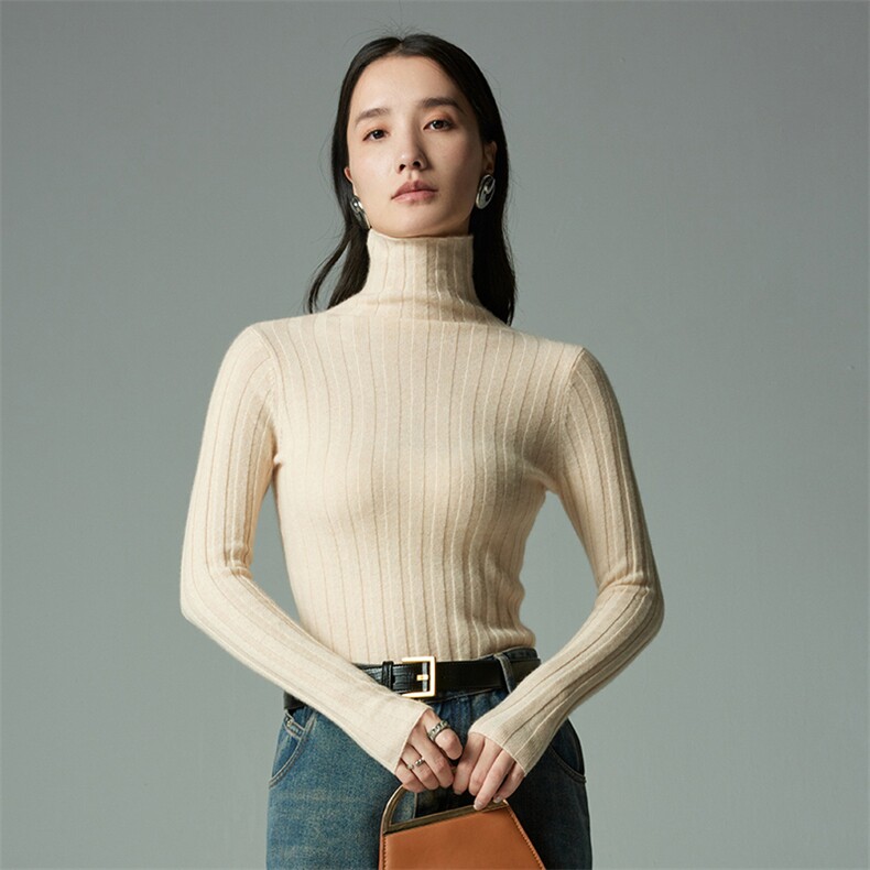 纯色高领长袖35%羊绒衫女秋冬新品修身显瘦弹力针织衫打底毛衣,女装羊绒衫,木淼羊绒