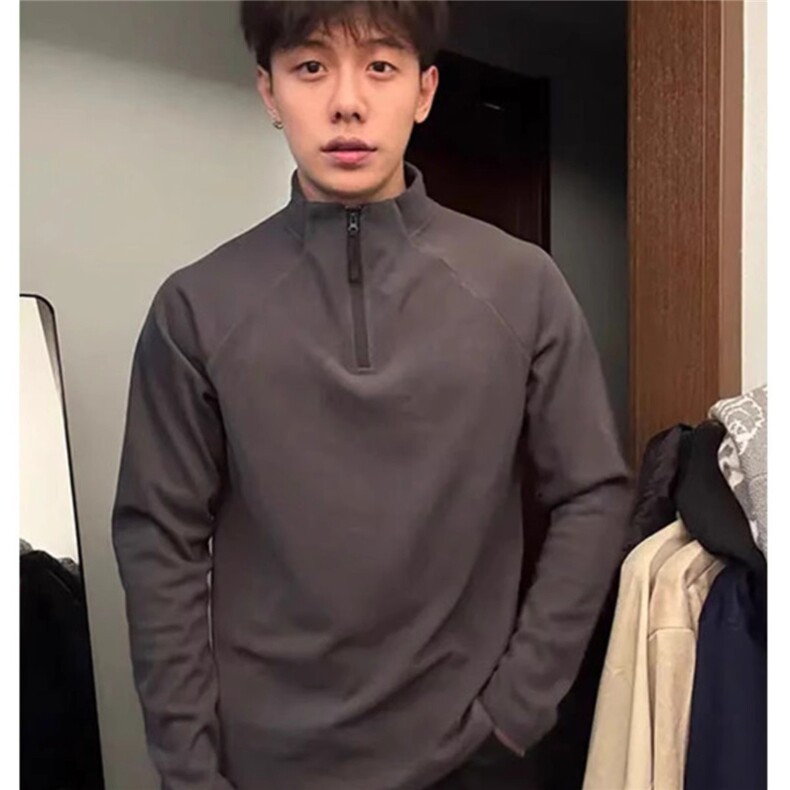 W10658-P35网图现货美式休闲纯色半拉链德绒打底衫骑行长袖T恤，男装T恤，星座1608