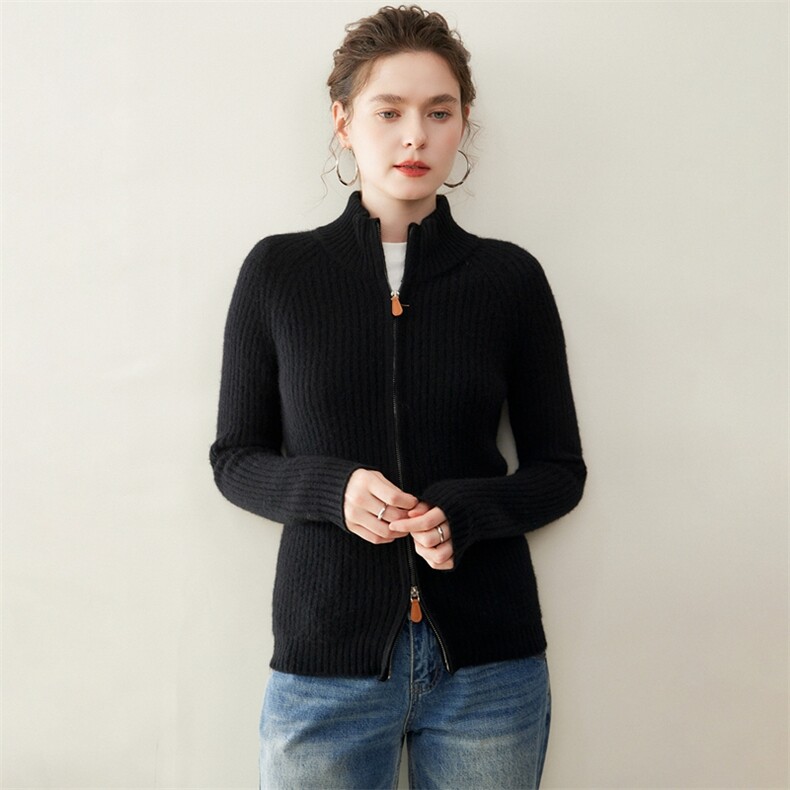 双拉链坑条山羊绒针织开衫女纯色立领羊毛外套秋冬新款修身毛衣,女装羊绒衫,纳丰羊绒