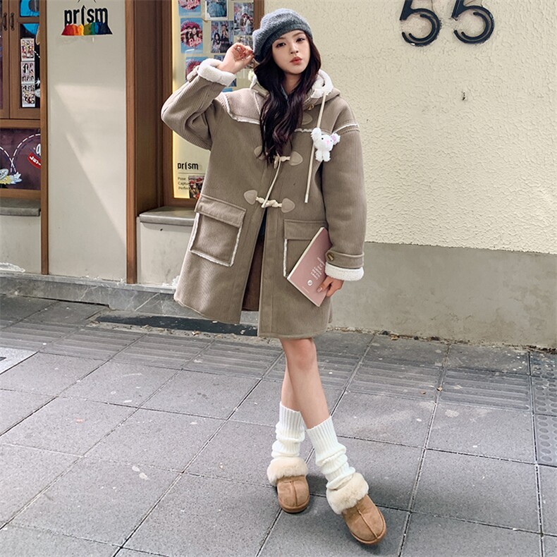 连帽灯芯绒皮毛一体外套可爱可拆卸玩偶棉服,女装棉衣/棉服,天使之佳话