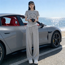 韩版时尚气质套装女夏新款圆领钉珠蕾丝花边上衣高腰阔腿裤两件套，女装套装/套裙，江南