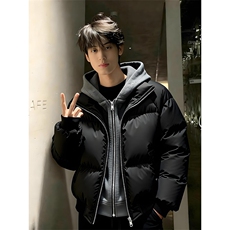 网图美式假两件pu皮短款棉服男款冬季加厚工装棉袄连帽外套特P85，男装皮衣，电商C306-1