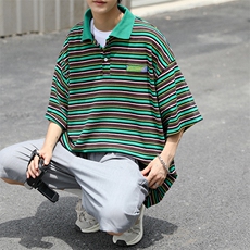 港风夏款男短袖POLO衫条纹字母刺绣宽松五分袖T恤衫T86特P20，男装Polo衫，星座1013-1
