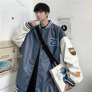港风春秋新款夹克男字母刺绣港风棒球服宽松休闲PU皮外套2035-P85图片