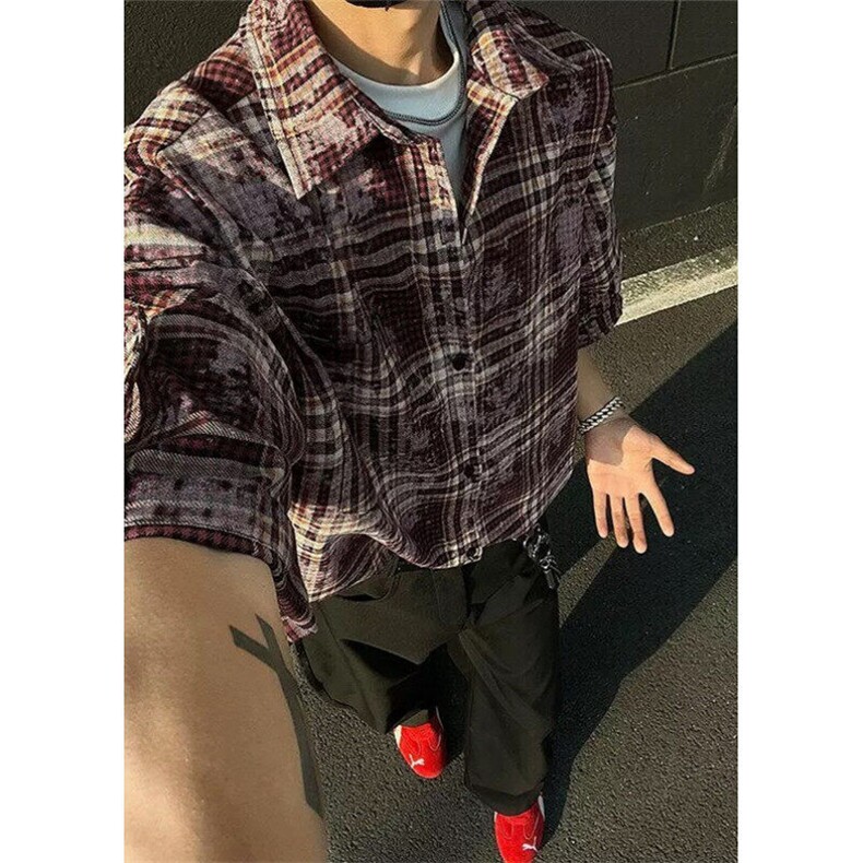 做旧格子短袖衬衫男女夏季潮牌高级感情侣衬衣设计感外套 CS352图片