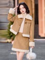 复古毛绒拼接羽绒套装女2025冬新款袢带保暖外套半身裙气质两件套，女装套装/套裙，流量+