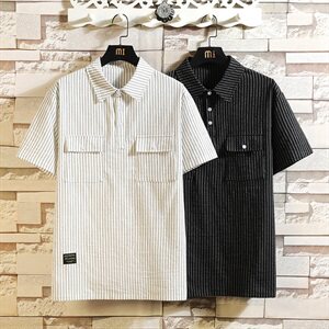 白砖 夏季条纹工装口袋新款短袖衬衫潮男宽松大码衬衣T90-P40图片