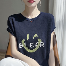 夏季莱赛尔天丝棉针织短袖女圆领T恤宽松笑脸刺绣桑蚕丝半袖上衣，女装T恤，凯思米羊绒