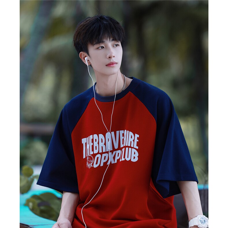 撞色拼接少年感t恤男夏季日系cityboy短袖潮牌潮流重磅七分袖衣服,男装T恤,电商A148