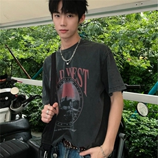 水洗做旧卡通印花短袖T恤男夏季新款青少年痞帅宽松休闲五分袖潮，男装T恤，星座601-1