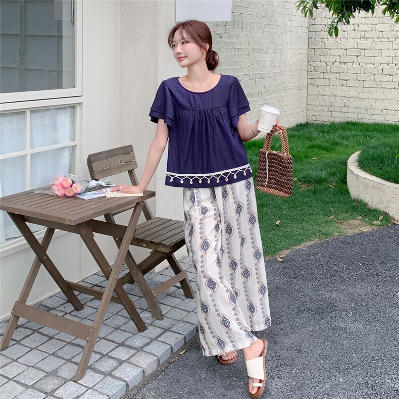 复古慵懒风休闲套装女2025夏新款设计感圆领上衣印花阔腿裤两件套,女装套装/套裙,2C205