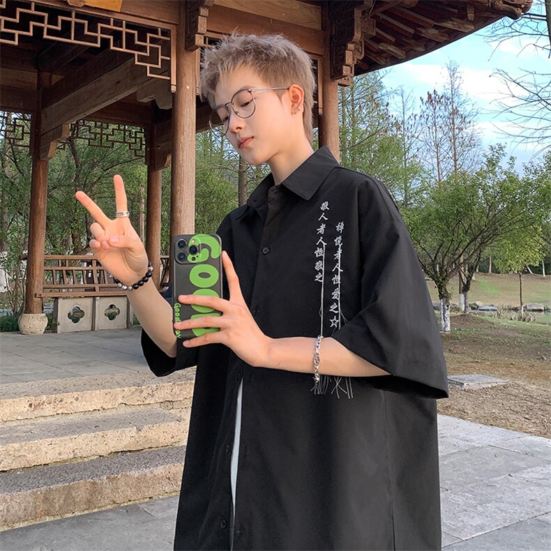 量大优风毛笔书法刺绣流苏短袖衬衫冰丝垂感衬衣C2321-特P35,男装T恤,星座1213
