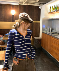 2025秋冬百搭时尚简约韩系撞色条纹针织开衫，女装针织衫/毛衣，沐策羊绒