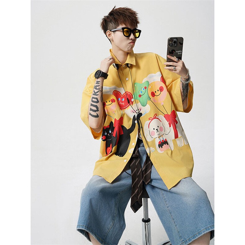 CS1127-P45控78夏季新款设计感大码潮牌冰丝短袖情侣衬衫外套男，男装衬衫，电商A059