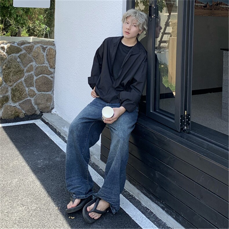 假两件衬衫简约风纯色冰丝长袖男士夏季小众设计感翻领衬衣XC63,男装衬衫,星座601-1