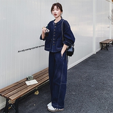 超火ootd穿搭松弛感牛仔套装女2025春季新款韩系减龄阔腿裤两件套，女装套装/套裙，2C293