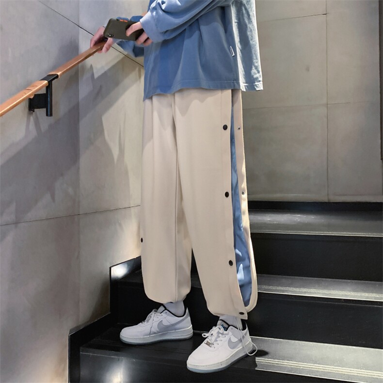 K3135/P55秋冬季毛呢排扣撞色休闲裤男学生束脚大码呢料直筒裤子图片