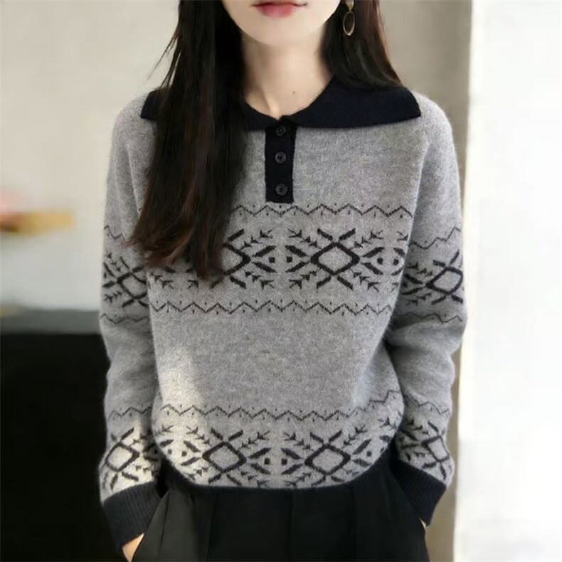 2026年秋季套头通勤时尚百搭通勤简约休闲百花绒POLO领提花，女装针织衫/毛衣，暖姿羊绒