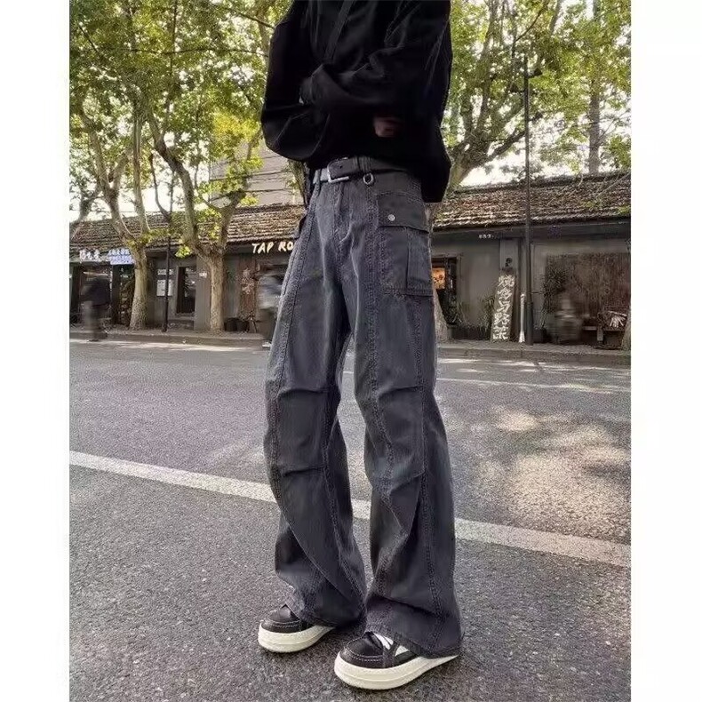 美式高街多口袋宽松直筒工装牛仔裤街头阔腿垂感拖地裤NZY718,男装牛仔裤,星座516A