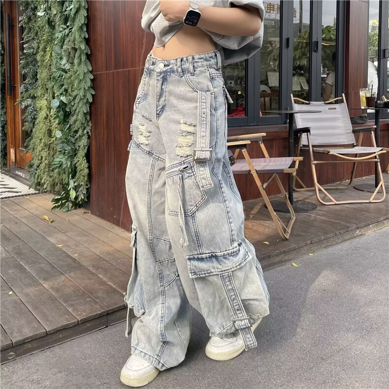 大码美式复古解构飘带工装牛仔裤女高街多口袋破洞宽松直筒阔腿裤,男装牛仔裤,星座506A