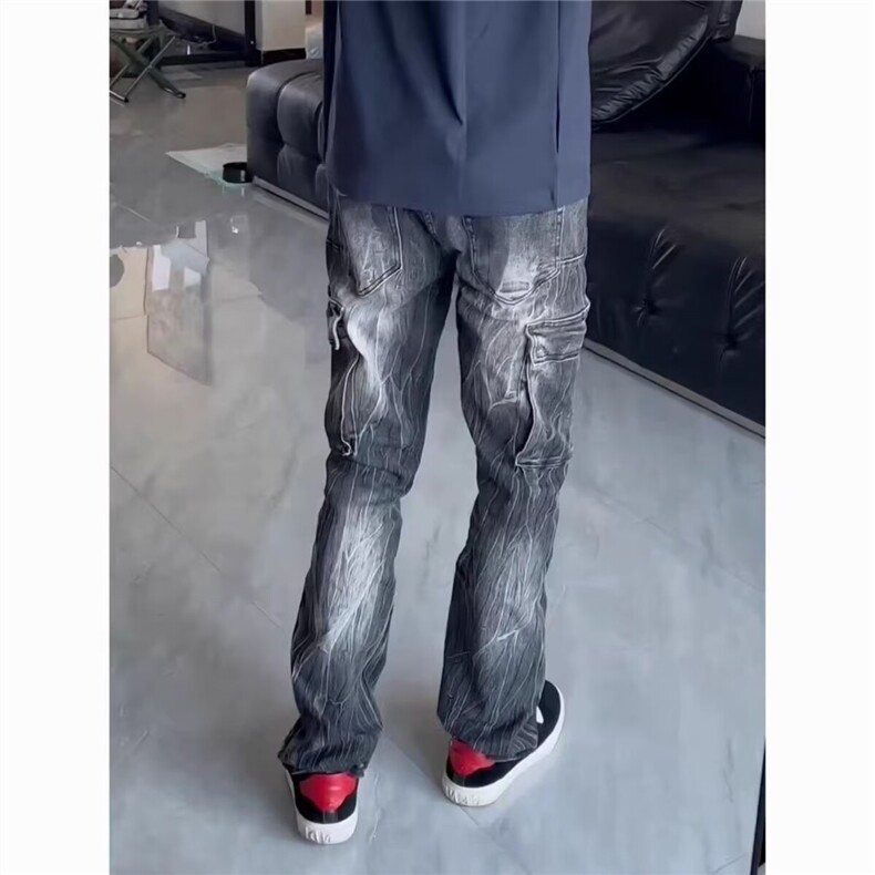 美式闪电纹牛仔裤男夏季高街做旧设计感直筒裤子潮牌复古阔腿长裤,男装牛仔裤,星座506A