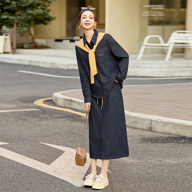 高级深蓝色牛仔裙套装女春秋2025新款韩系休闲披肩长袖衬衫中长裙,女装套装/套裙,采品优优