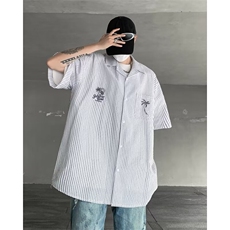 复古竖条纹针织短袖衬衣男2024夏季潮流宽松半袖衬衫休闲，男装T恤，星座716-4