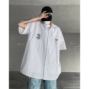 复古竖条纹针织短袖衬衣男2024夏季潮流宽松半袖衬衫休闲图片