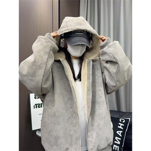 现货高品质美式冬季重磅座山雕大毛毛领pu皮棉衣男女加厚外套图片