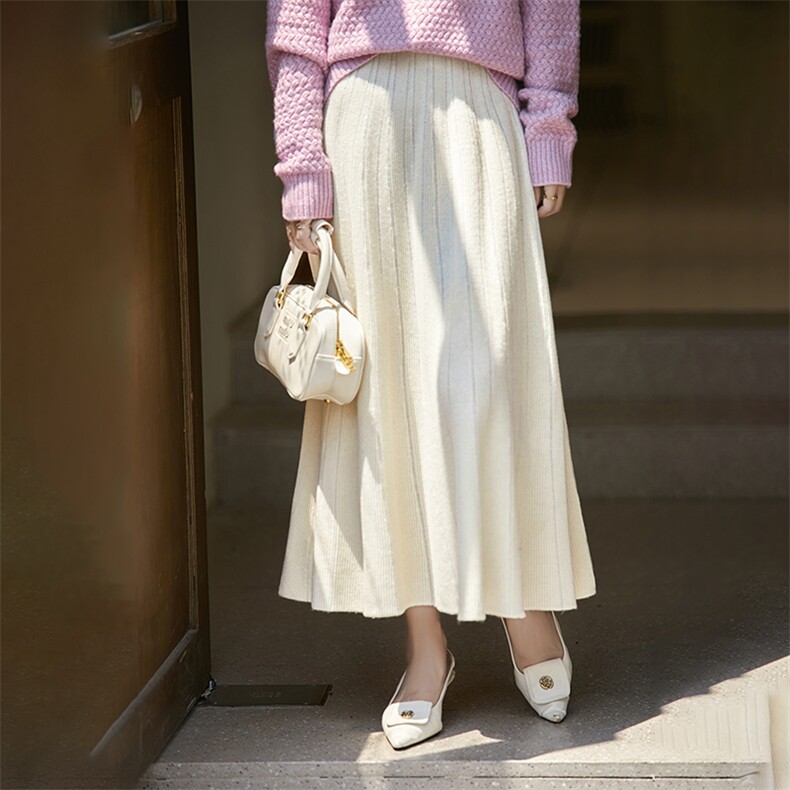 秋冬针织高腰伞裙半身裙大摆a字中长款遮胯显瘦羊绒长裙，女装半身裙，暖烁羊绒