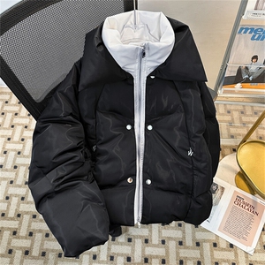 冬季PU皮小众流光亮面加厚宽松外套立领面包服金属纽扣假两件棉衣图片