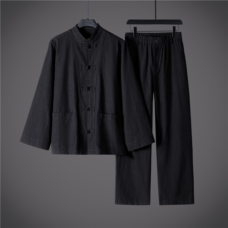 风棉麻苎麻盘扣大码男士秋季纯色长袖套装DSA008-TZ2523,男装休闲套装,电商A008