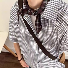 复古格纹短袖衬衫男夏季日系宽松休闲格子衬衣新款翻领半袖上衣，男装T恤，星座218-1（原230）