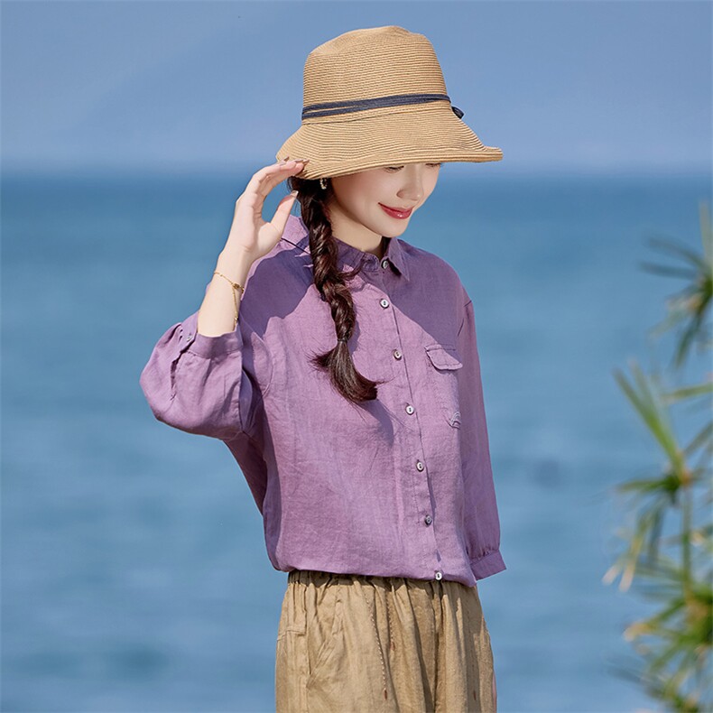 棉麻衬衫女2025夏季新款中年妈妈休闲宽松时尚洋气亚麻七分袖上衣,女装衬衫,涵誉