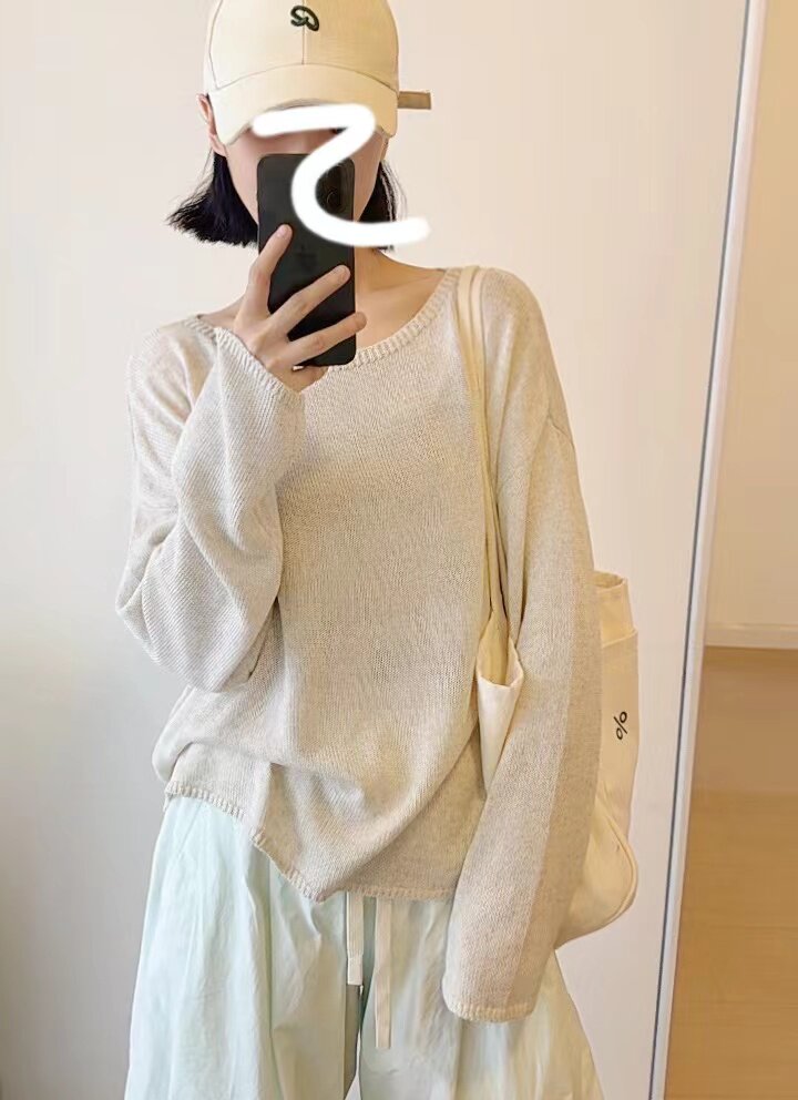 春款女士时尚简约百搭圆领针织套头长袖图片