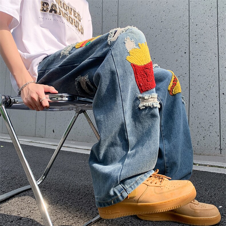 高街盖破洞牛仔裤男街头潮牌水洗直筒vibe拉链乞丐裤N6113-P55,男装牛仔裤,星座308B-2