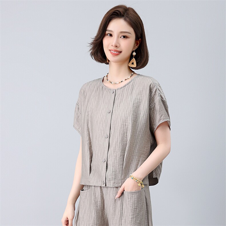 时尚亚麻混纺阔腿裤女夏季2025新款开衫上衣减龄松弛感，女装衬衫，曼沙奕珂