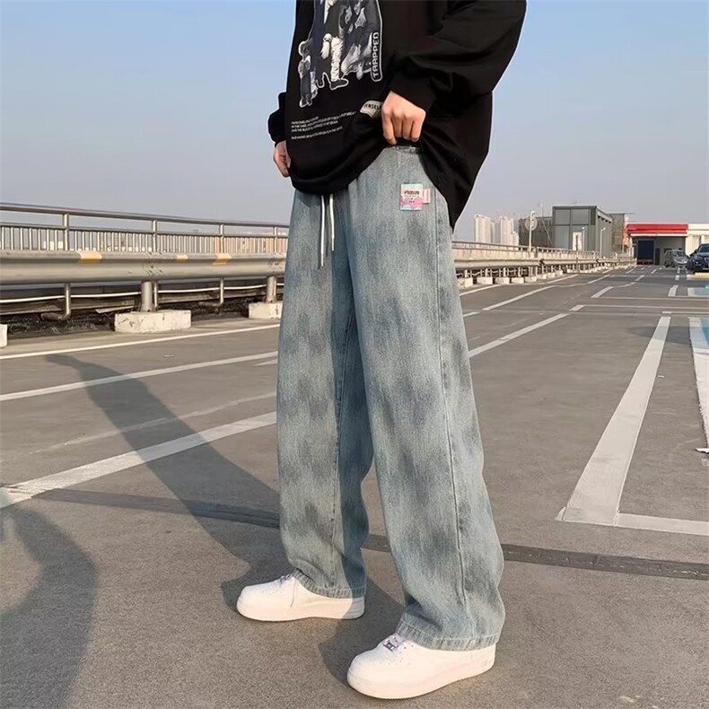 系带扎染贴标直筒裤美式hiphop裤子ins潮牌炸街牛仔裤RK712-P37,男装牛仔裤,星座412-3