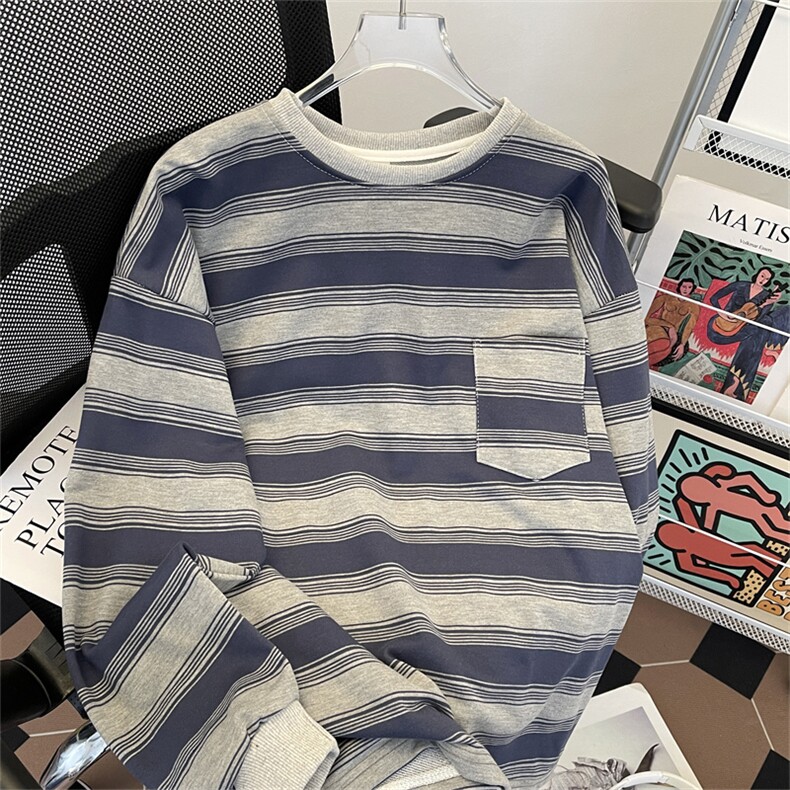 港风日系复古贴袋横条纹纯棉套头圆领卫衣男潮流设计感ZW417-P48,男装卫衣,星座313A(原308A-2)