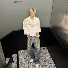 现货重磅高街链条挂坠印花做旧牛仔裤男潮流宽松直筒慵懒风长裤，男装牛仔裤，星座218-1（原230）