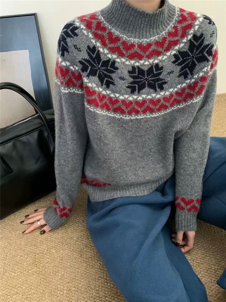 立领嵌花新款针织女长袖简约百搭宽松套头上衣,针织衫/毛衣,大千羊绒