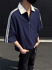 得物300克重磅纯棉宽松撞色打底短袖拉链POLO衫T恤男RH5033-特P40图片