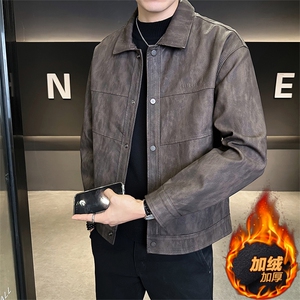 店主风 2025秋冬翻领复古做旧加绒皮衣男夹克外套 5025加绒-P155图片