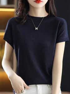 精纺羊毛纯色短袖t恤女上衣打底衫翻边袖夏装百搭宽松显瘦针织衫图片