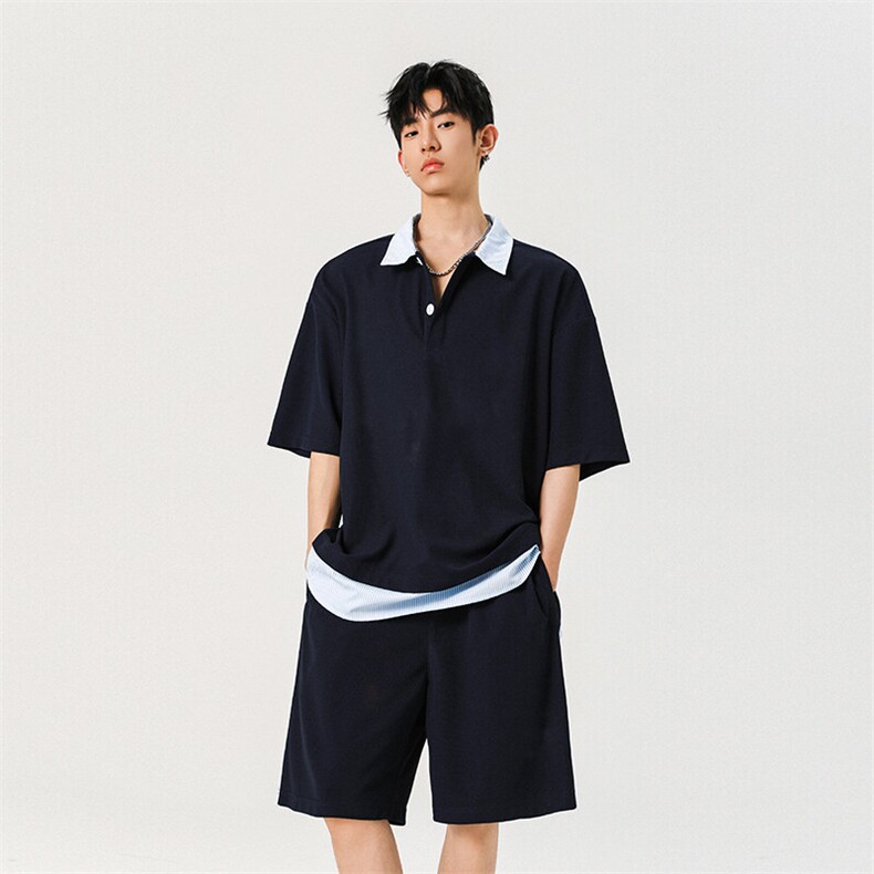 抖音品质夏季新款假两件短袖POLO衫潮牌休闲套装男-A2119TP50控78,男装T恤,电商B241