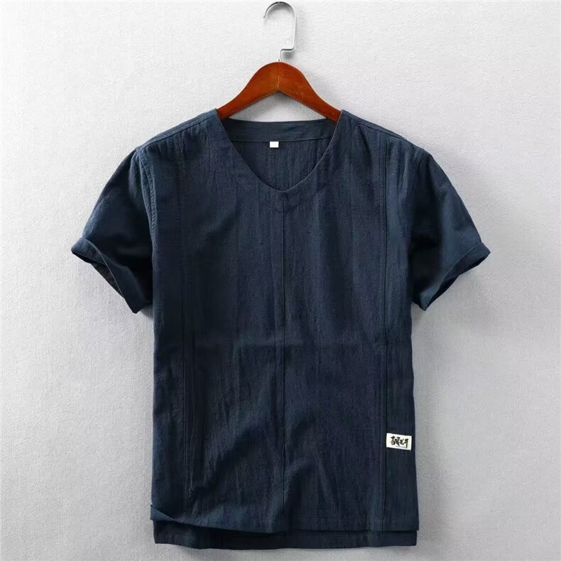 V领休闲亚麻短袖衬衫男士棉麻衬衣男装透气薄款宽松t恤麻布上衣,男装T恤,星座1210-1