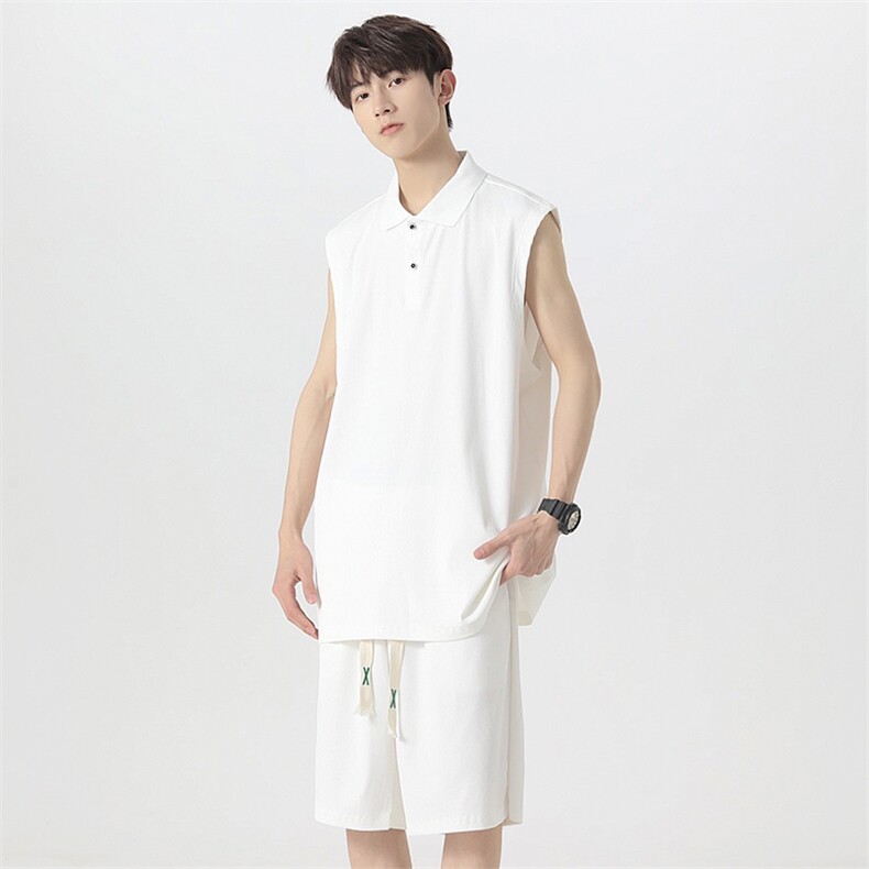 夏季新款青少年大码港风无袖情侣冰丝日系五分裤休闲套装男S04P55,男装休闲套装,电商B226