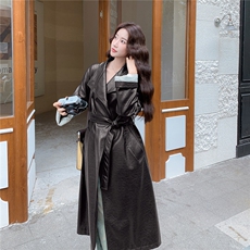 【现货】新款条纹拼接宽松休闲皮衣外套女长款风衣，女装皮衣，2C238