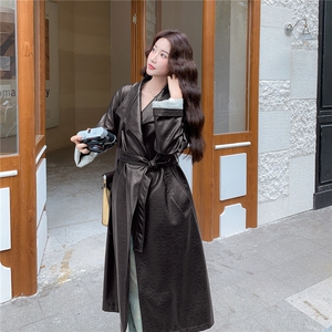 【现货】新款条纹拼接宽松休闲皮衣外套女长款风衣图片